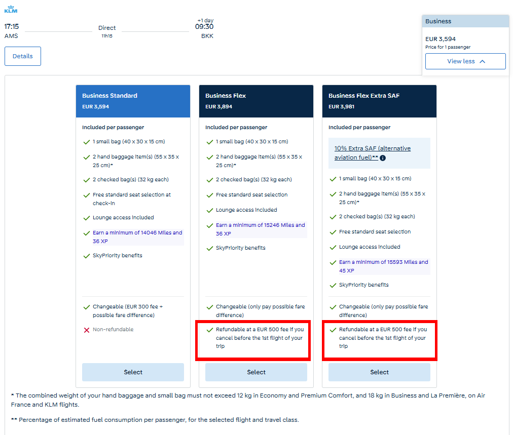 Screenshort Klm Erstattungsgebuehren Business Flex
