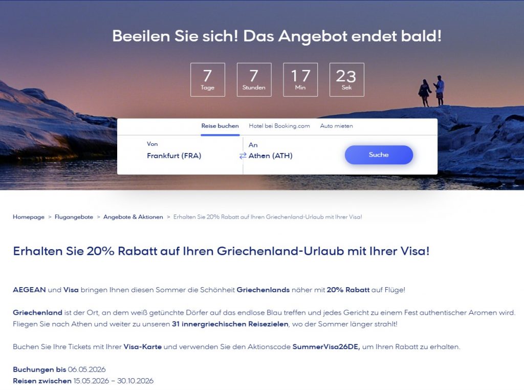 Screenshot Aegean Visa Fluege Rabatt Aktion
