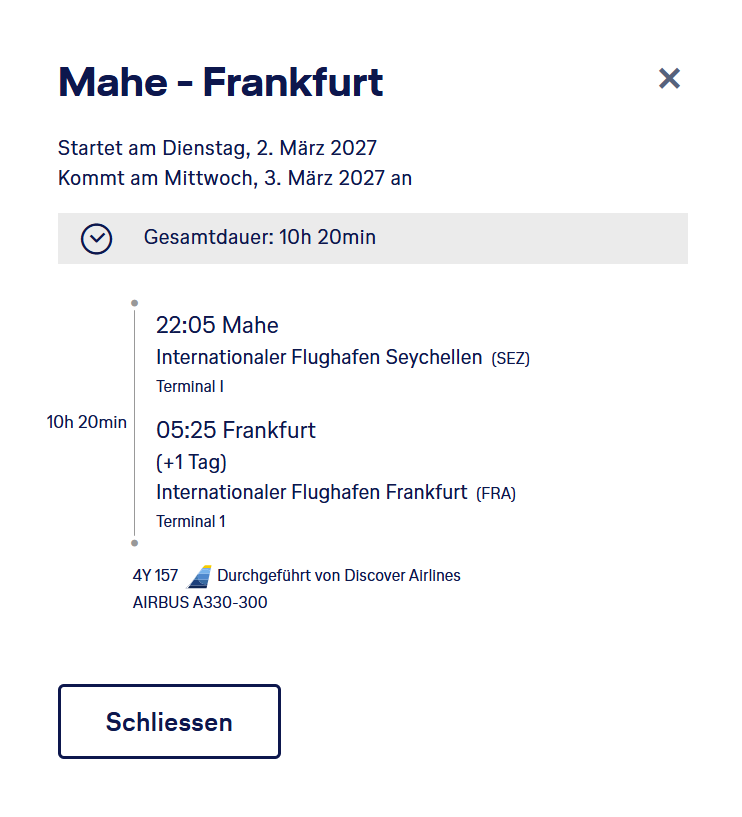 Screenshot Discover Airlines Mahe Frankfurt