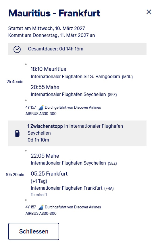 Screenshot Discover Airlines Mauritius Frankfurt
