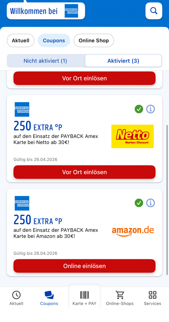 Screenshot Payback Amex Sonderaktion Netto Edeka Amazon