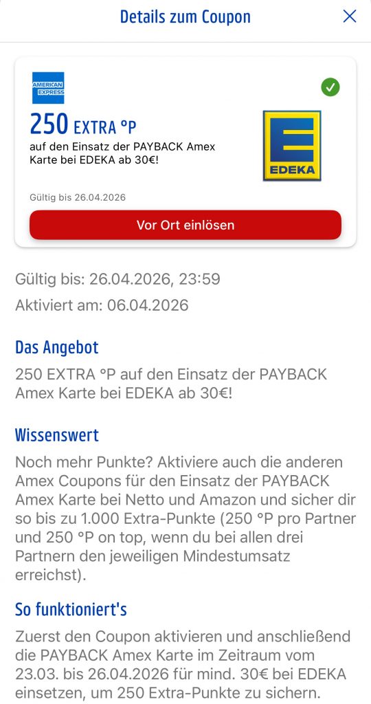 Screenshot Payback Amex Sonderaktion Netto Edeka Amazon Zusatzpunkte