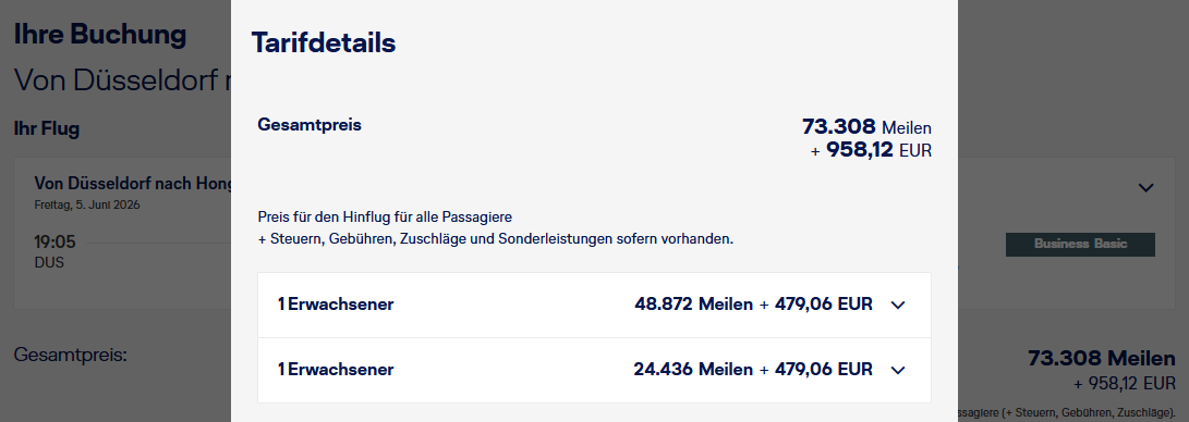 Award Flight DUS HKG Business Class Miles More Companion Mai Update