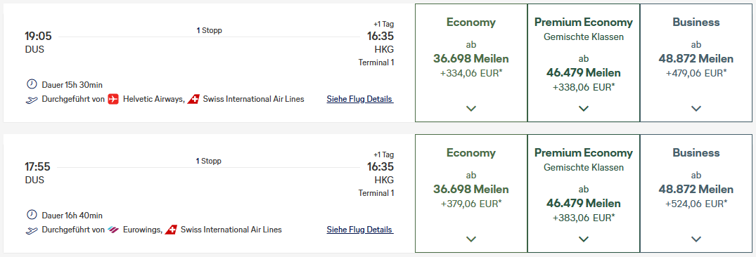 Award Flight DUS HKG Business Class Miles More SWISS