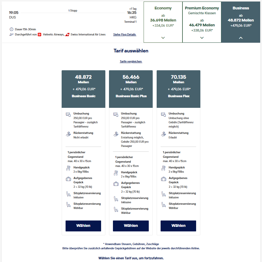 Award Flight DUS HKG Business Class Miles More Tarife Mai Update