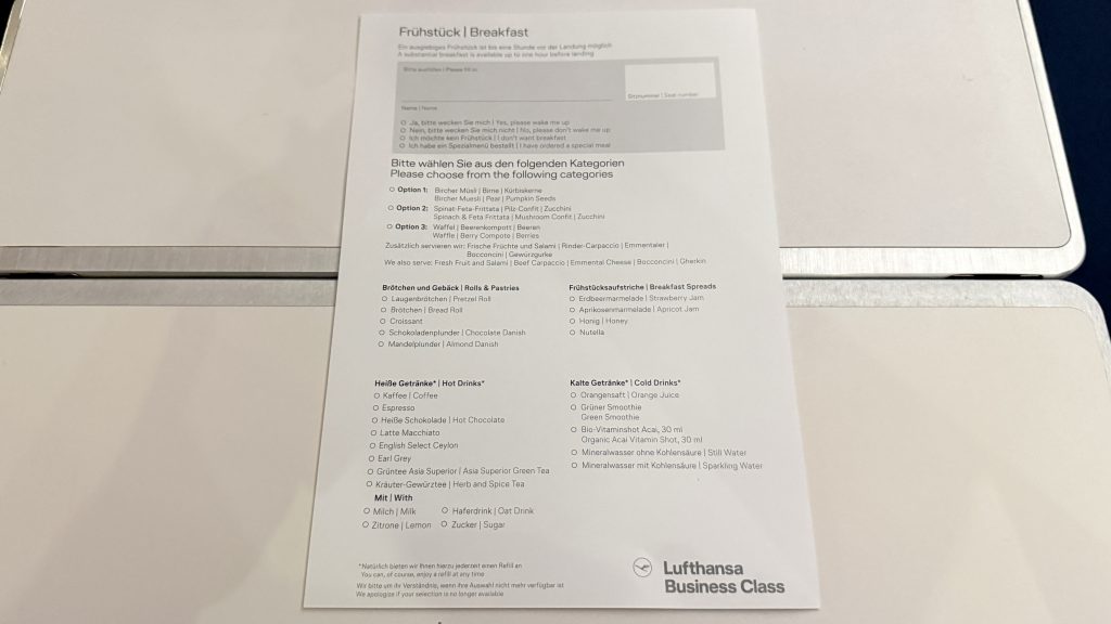 Lufthansa Business Class FOX Fruehstueckskarte