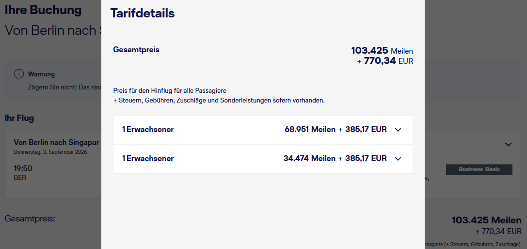 Miles More Award FLight BER SIN Business Class Lufthansa Companion Update