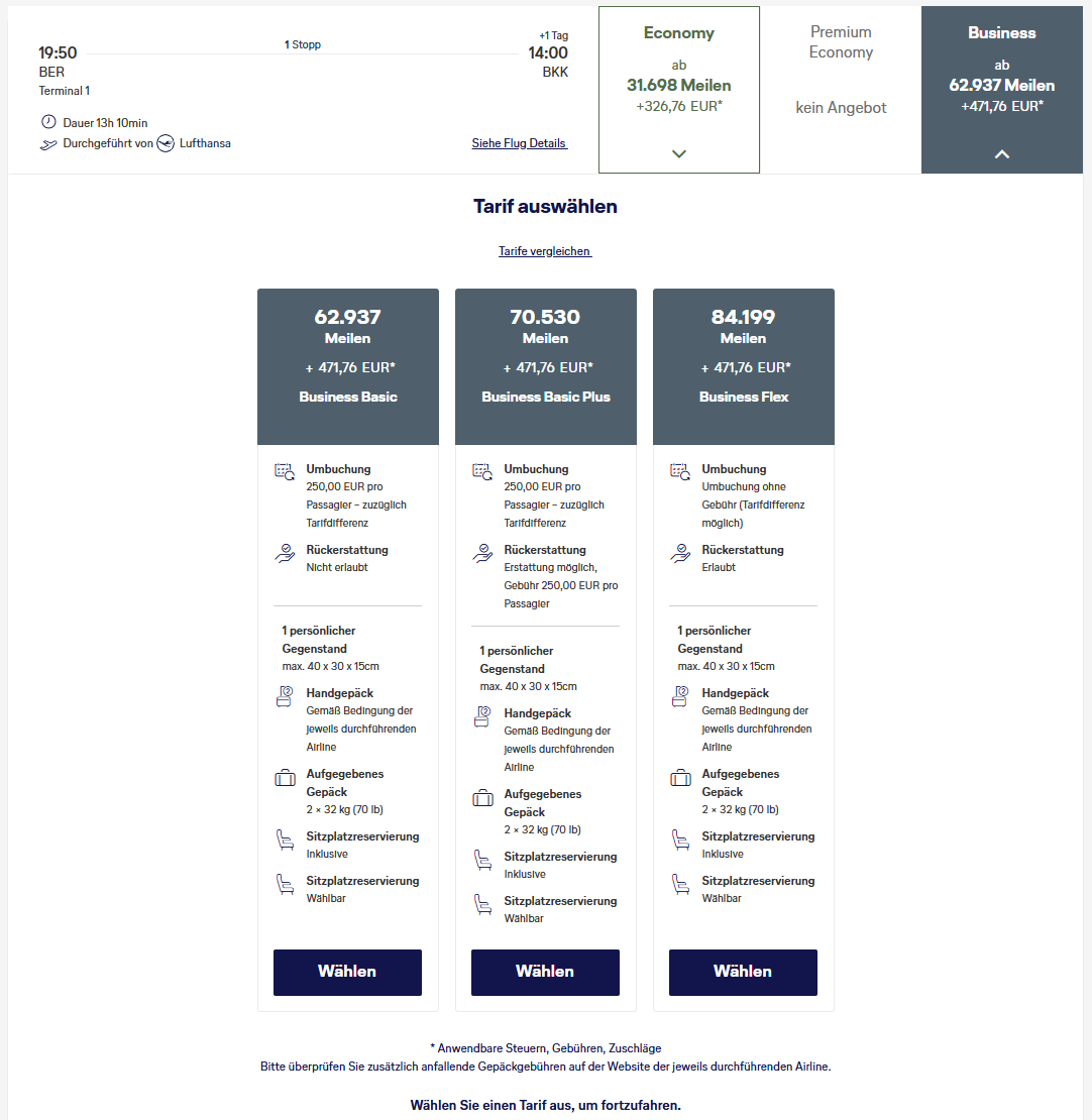 Miles More Award Flight BER BKK Business Class Swiss Tarife Update Mai