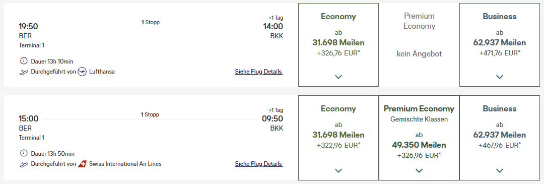 Miles More Award Flight BER BKK Business Class Swiss Update Mai