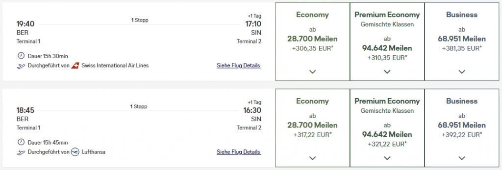 Miles More Award Flight BER SIN Business Class LHSWISS Update