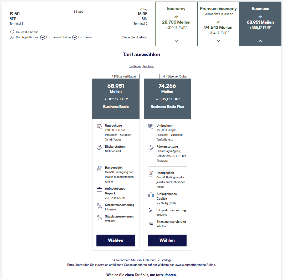 Miles More Award Flight BER SIN Business Class Lufthansa Tarifauswahl Update