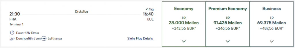 Miles More Award Flight FRA KUL Business Class Lufthansa Nov Update