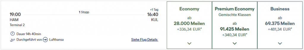 Miles More Award Flight HAM KUL Business Class Lufthansa Nov Update