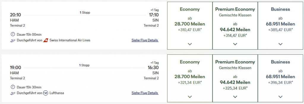 Miles More Award Flight HAM SIN Business Class LHSWISS Update