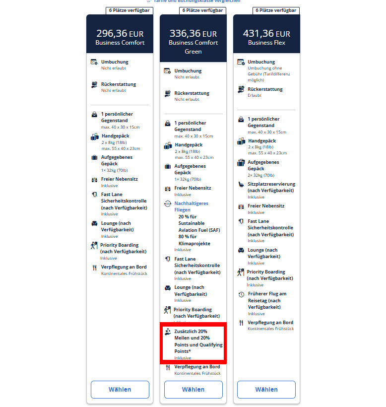 Screenshort Ita Airways Rom Frankfurt Business Class Green Fare Miles Points