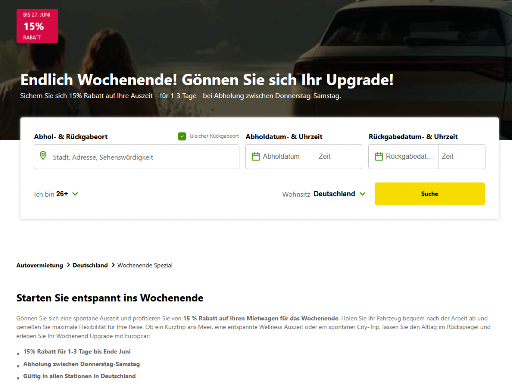 Screenshot Europcar Wochenende Spezial Aktion Rabatt