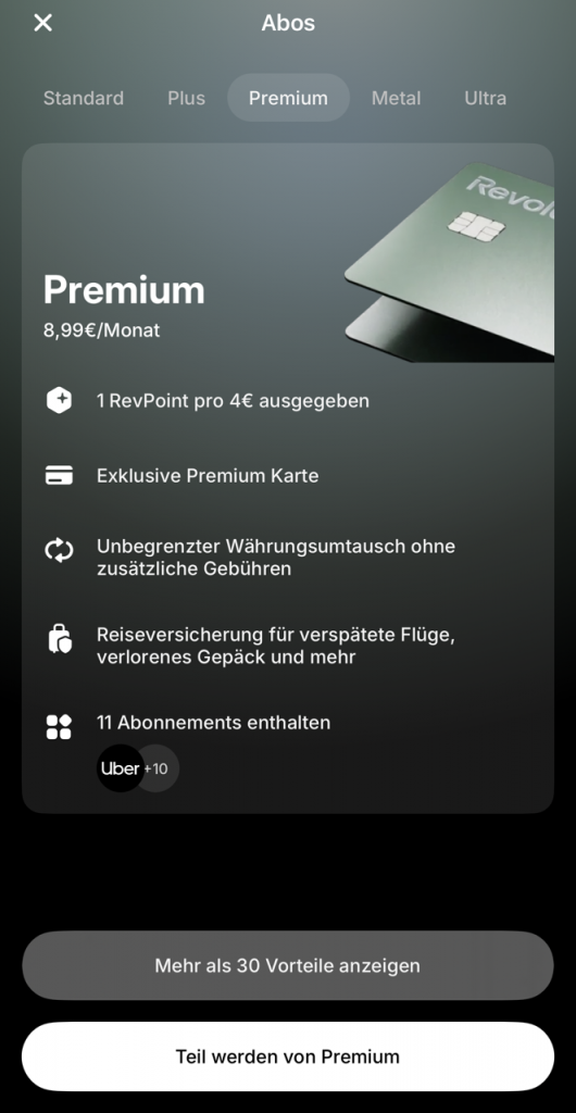 Screenshot Revolut Premium Modell Gebuehren