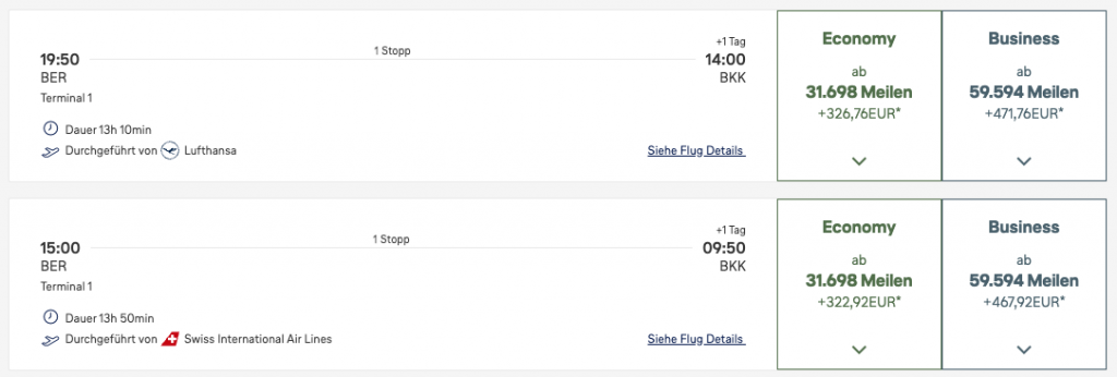 Miles More Award Flight BER BKK Business Class Swiss Update Juni