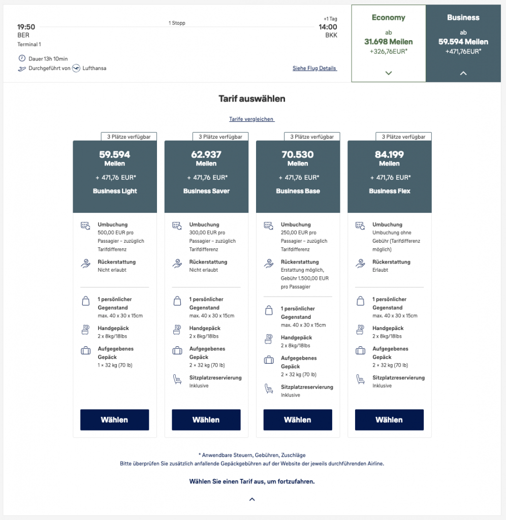 Miles More Award Flight BER BKK Business Class Swiss Tarife Update Juni