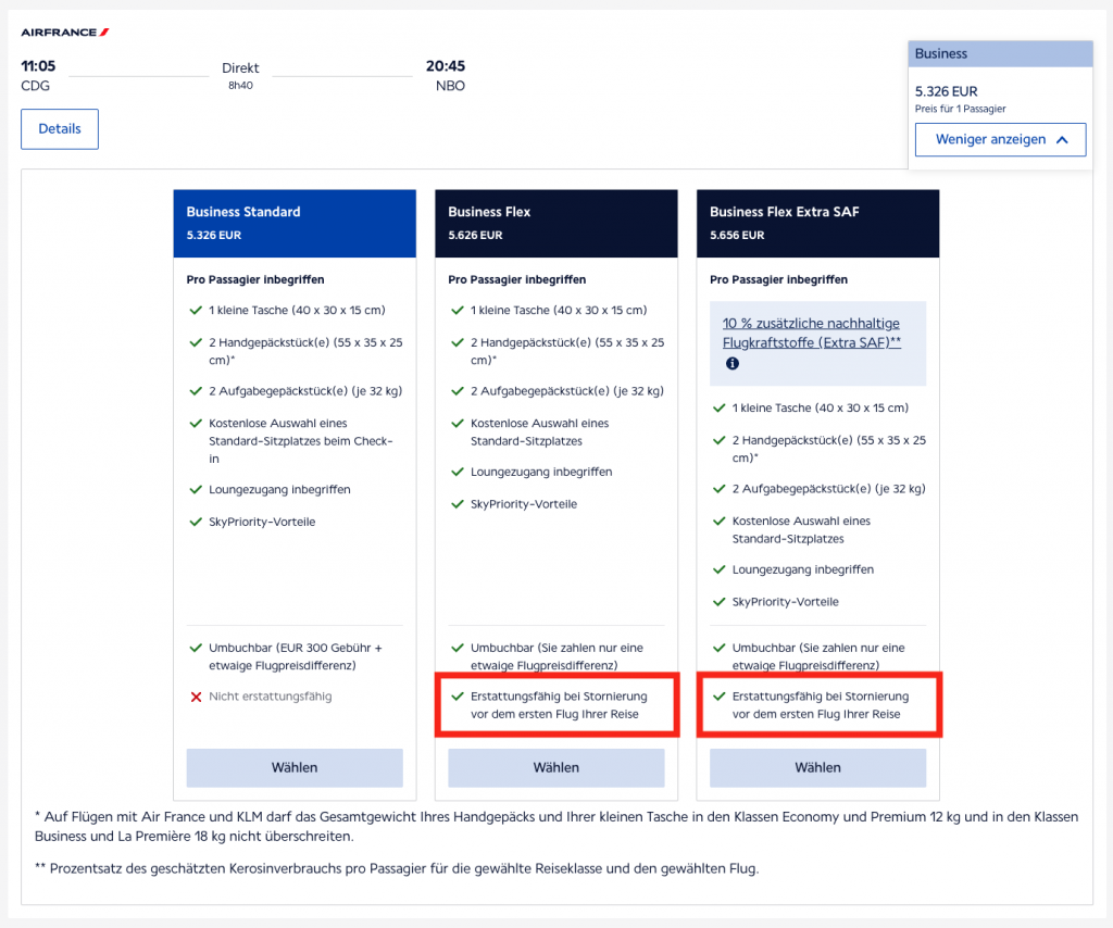 Bildschirmfoto Air France CDG Nach NBO Erstattung