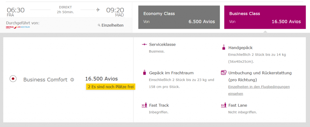 Iberia Award Flight Buchung Frankfurt Madrid