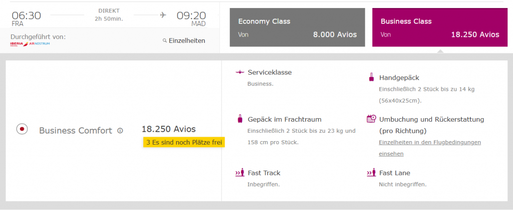 Iberia Award Flight Buchung Frankfurt Madrid Hochsaison