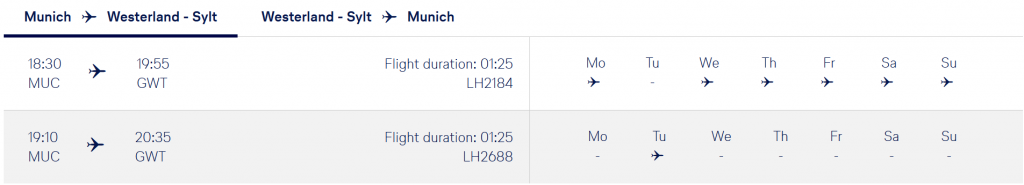 Lufthansa Flugzeiten von München nach Sylt