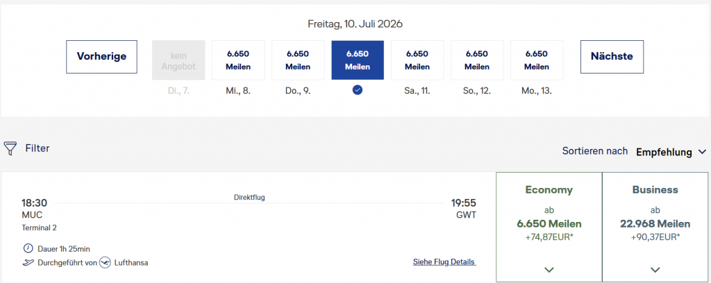 Lufthansa München nach Sylt Business Class Miles & More Meilen Einlösen