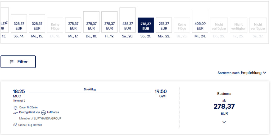 Lufthansa München nach Sylt Business Class Preise