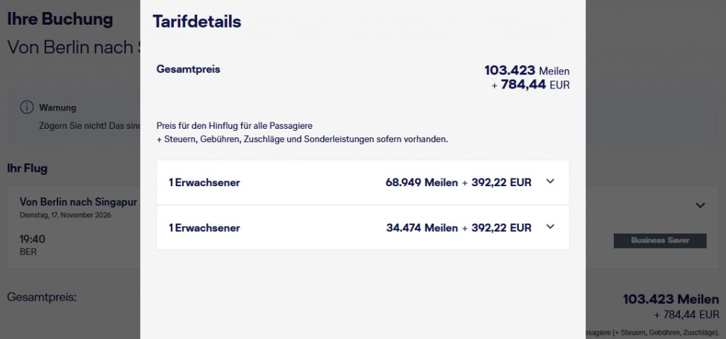Miles More Award FLight BER SIN Business Class Lufthansa Companion Update Juni