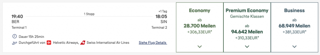 Miles More Award Flight BER SIN Business Class Helvetic Swiss Update Juni