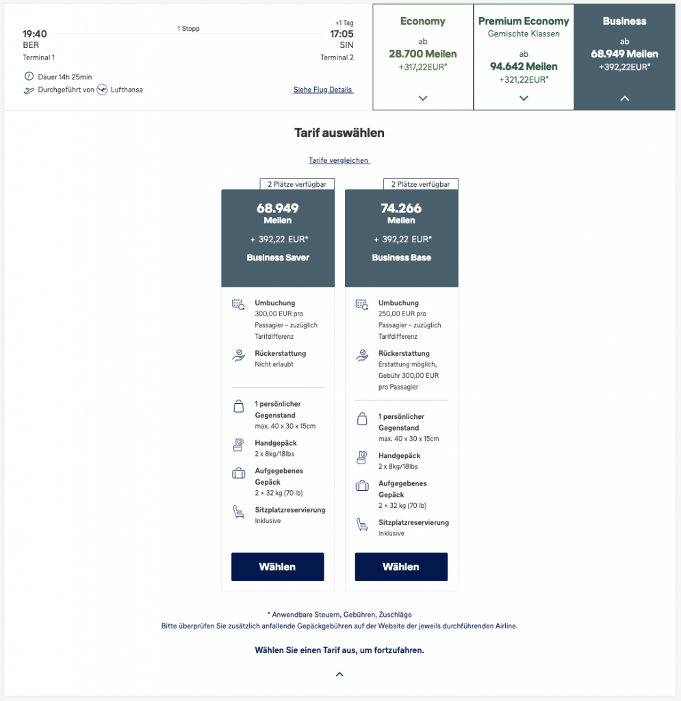 Miles More Award Flight BER SIN Business Class Lufthansa Tarifauswahl Update Juni
