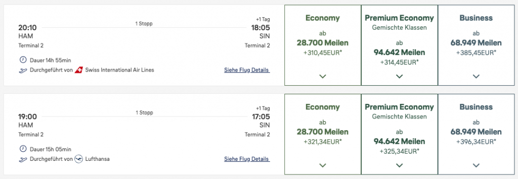Miles More Award Flight HAM SIN Business Class LHSWISS Update Juni