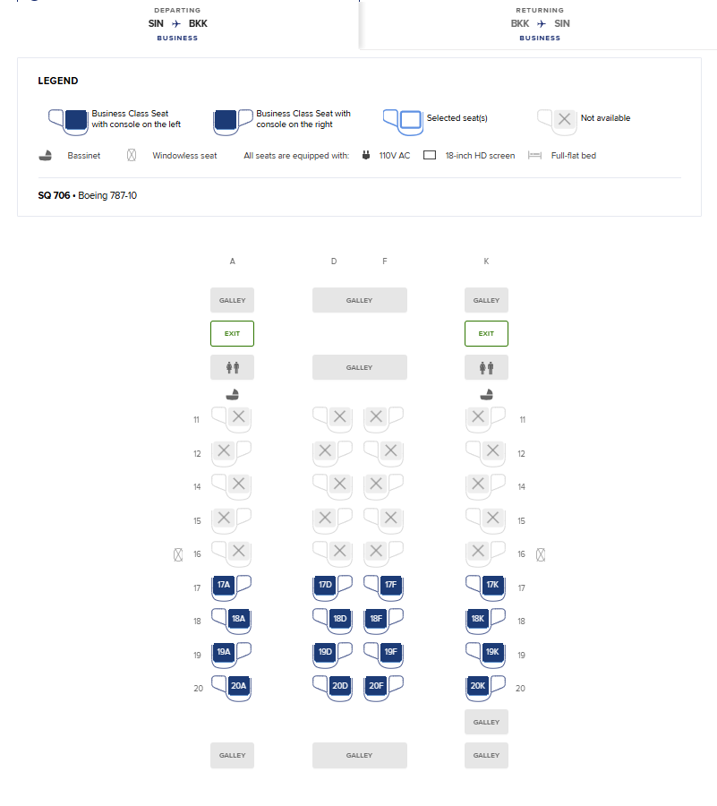 Screenshot Singapore Airlines Business Class Light Singapur Bangkok Sitzplatzreservierung