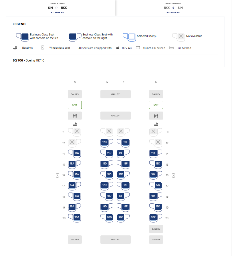 Screenshot Singapore Airlines Business Class Standard Singapur Bangkok Sitzplatzreservierung