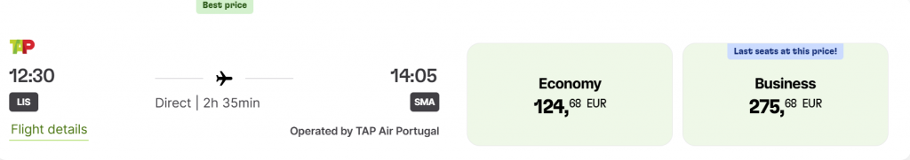 Screenshot Tap Air Lissabon Santa Maria Fluege