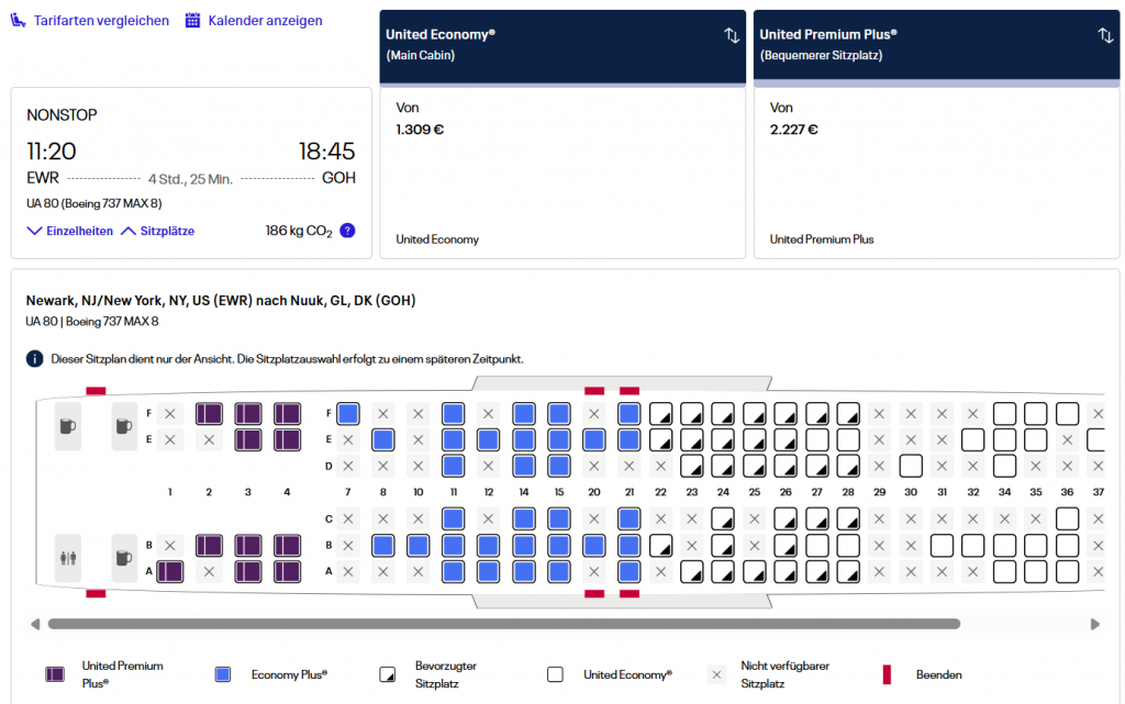 Screenshot United Airlines Newark Nuuk Buchung Sitzplan