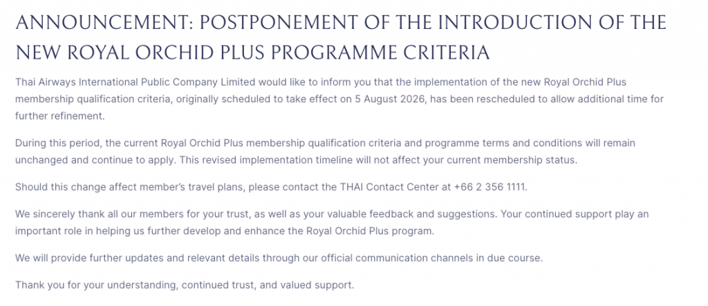 Bildschirmfoto Thai Airways Mitgliedschaftskriterien Verschoben August