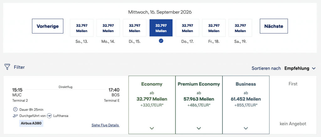 Miles More Award Flight MUC BOS Beispiel A380 SEPT 2026