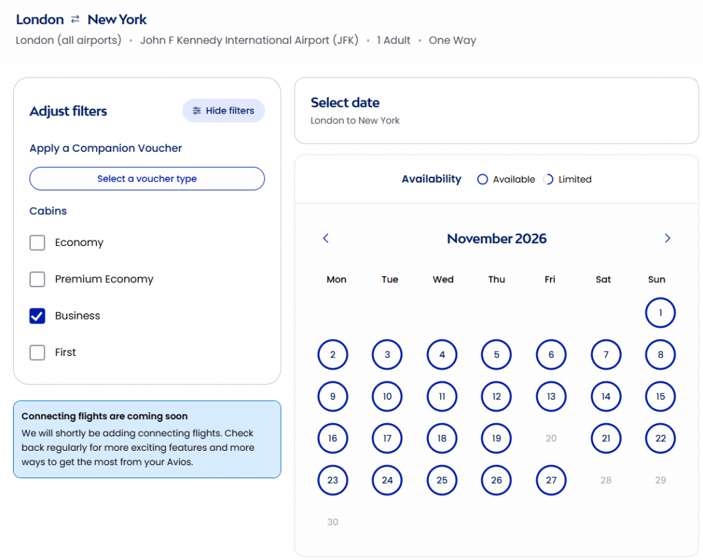 Avios Reward Flight Kalender Business Class Beispiel November