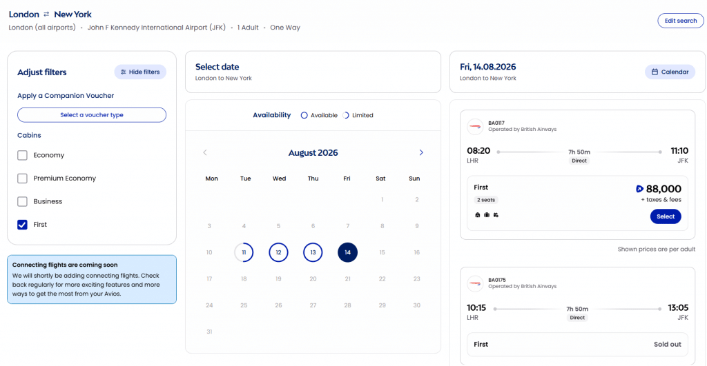 Avios Reward Flight Kalender First Class