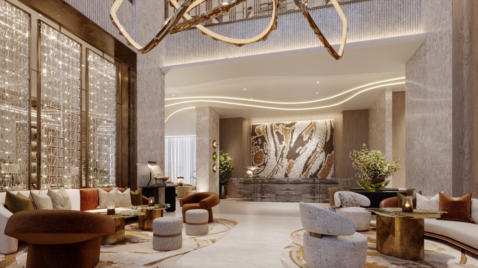 Lobby des Conrad Riyadh Laysen Valley mit Mosaikwand hinter der Rezeption