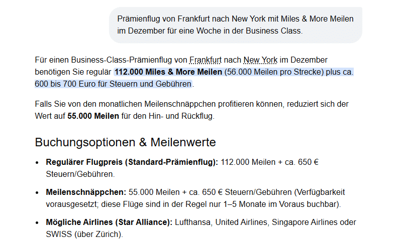 Google KI Modus Miles and More Anfrage