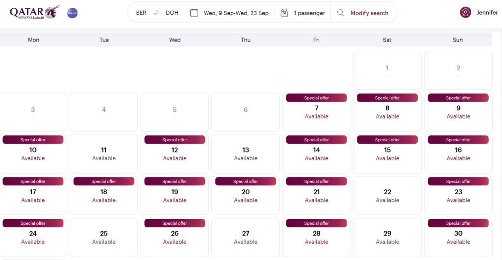 Qatar Airways Avios Award Flights August 2026 Berlin Doha Kalenderansicht