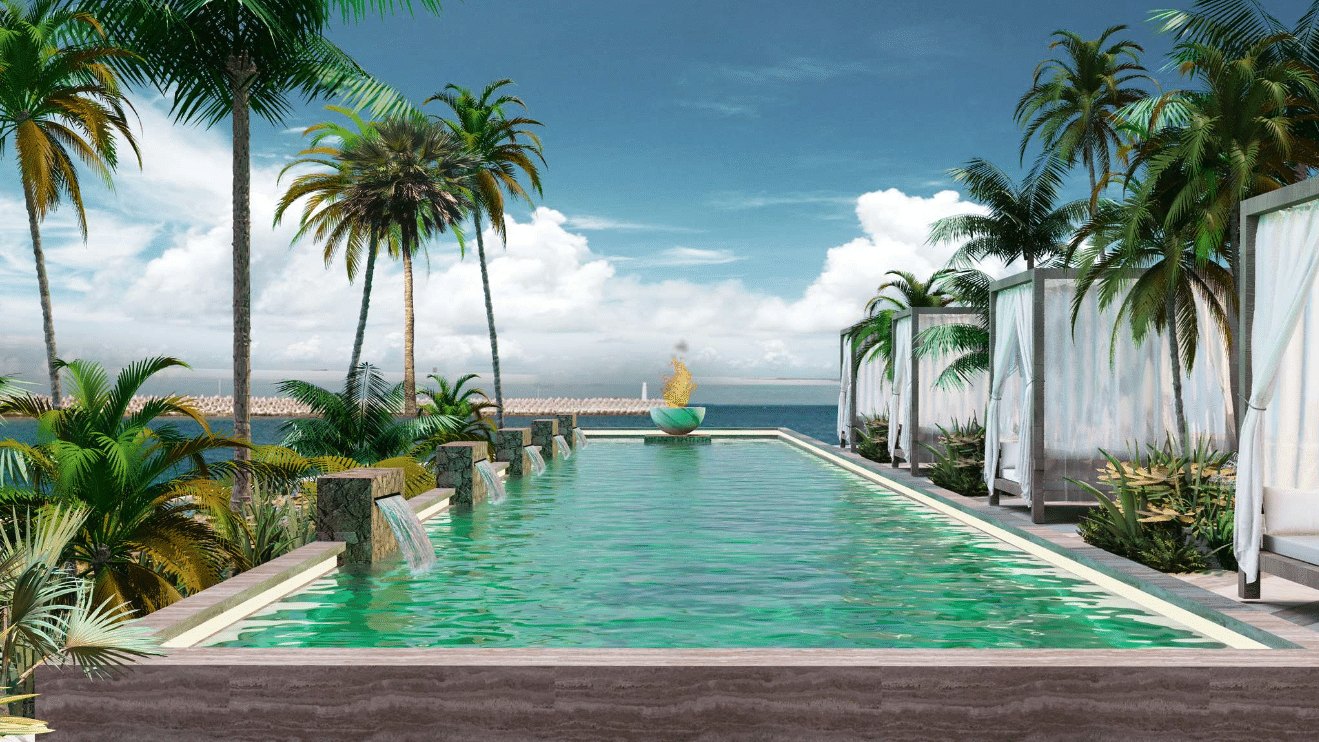 Zwischen Palmen führt der Pool bis an den Strand