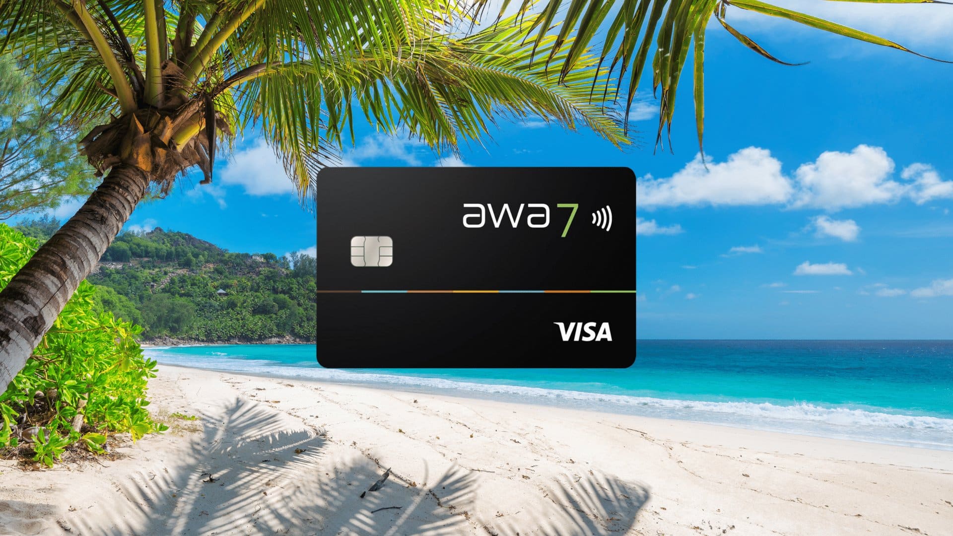 awa7 Kreditkarte vor Strand mit Palmen