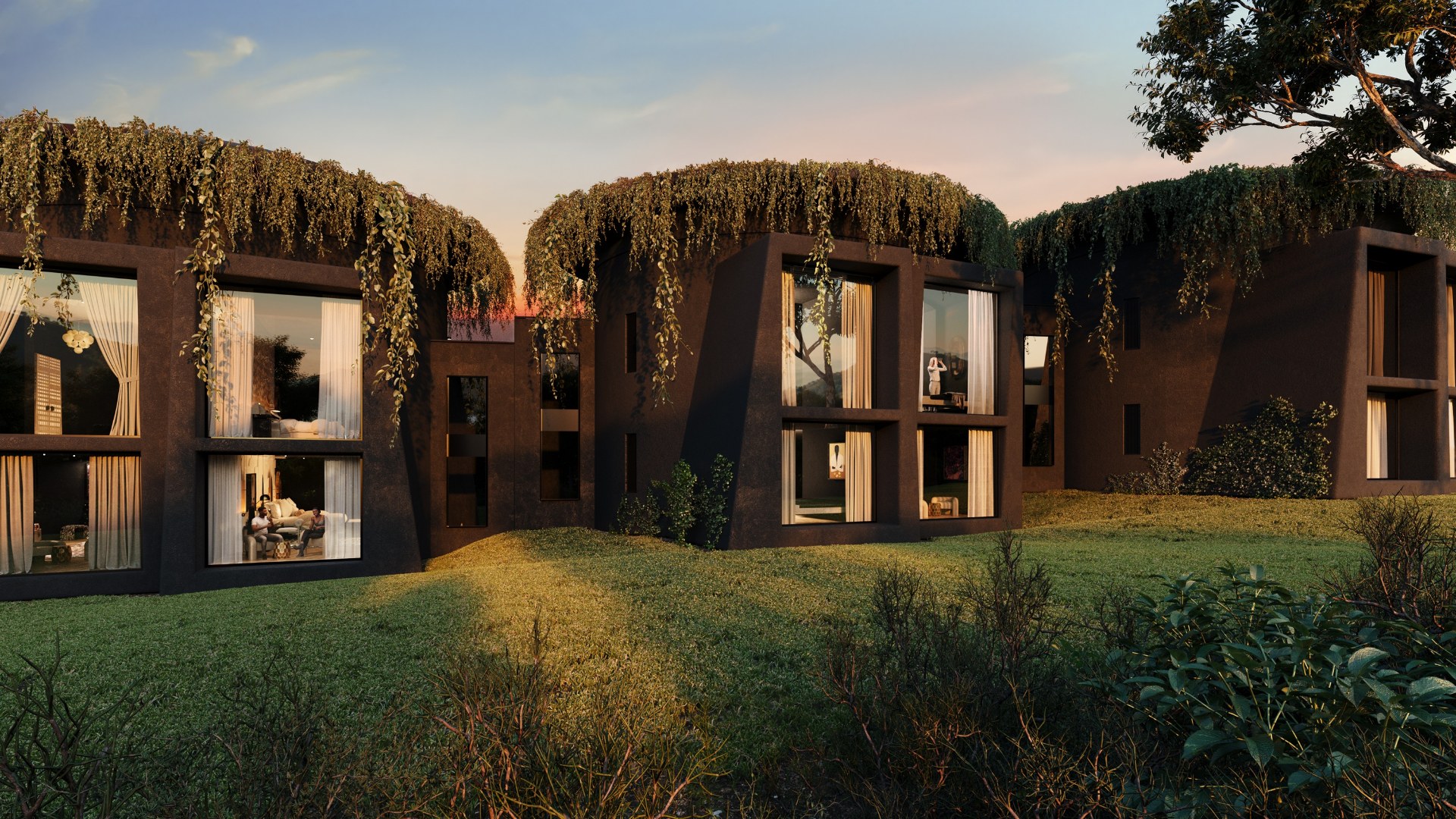 Rendering der Ngorongoro Explorer Lodge mit begruenten Daechern am Kraterrand