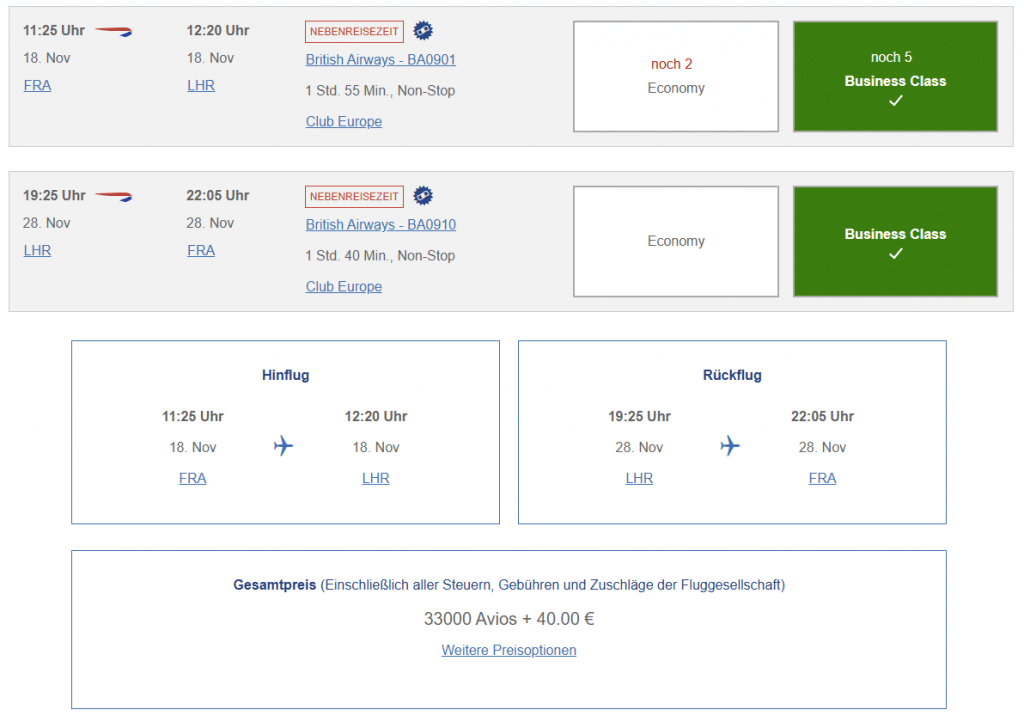 BA Club Avios Prämienflug Business Class Frankfurt London Hin- und Rückflug