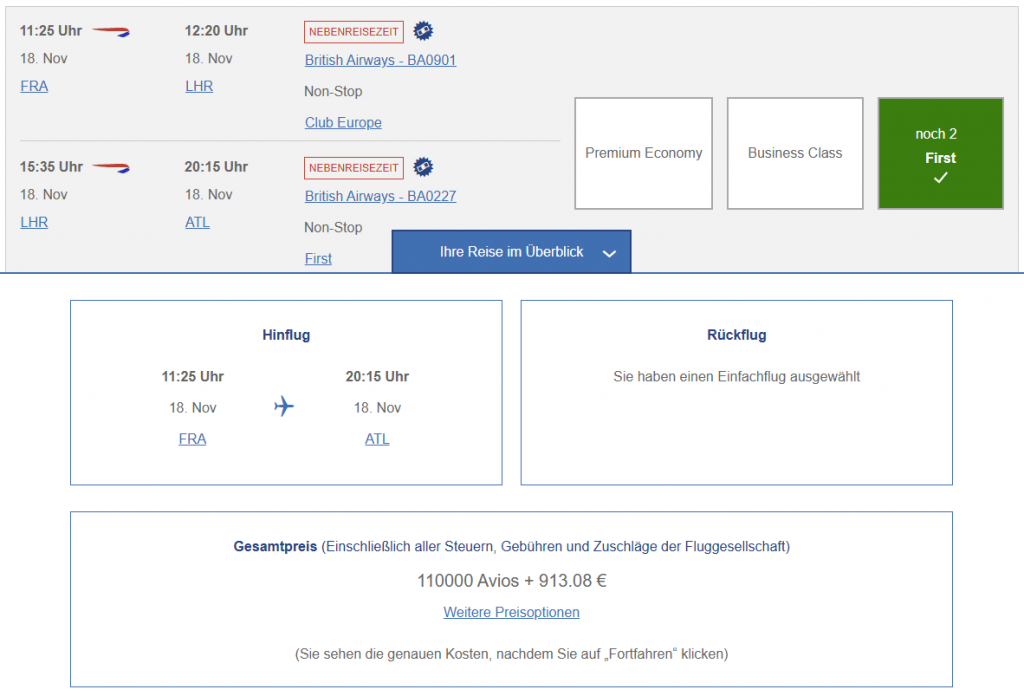 BA Club Avios Prämienflug First Class Frankfurt London Atlanta