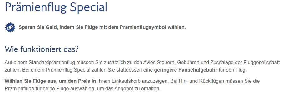BA Club Prämienflug Special Hinweis Pauschalgebühr